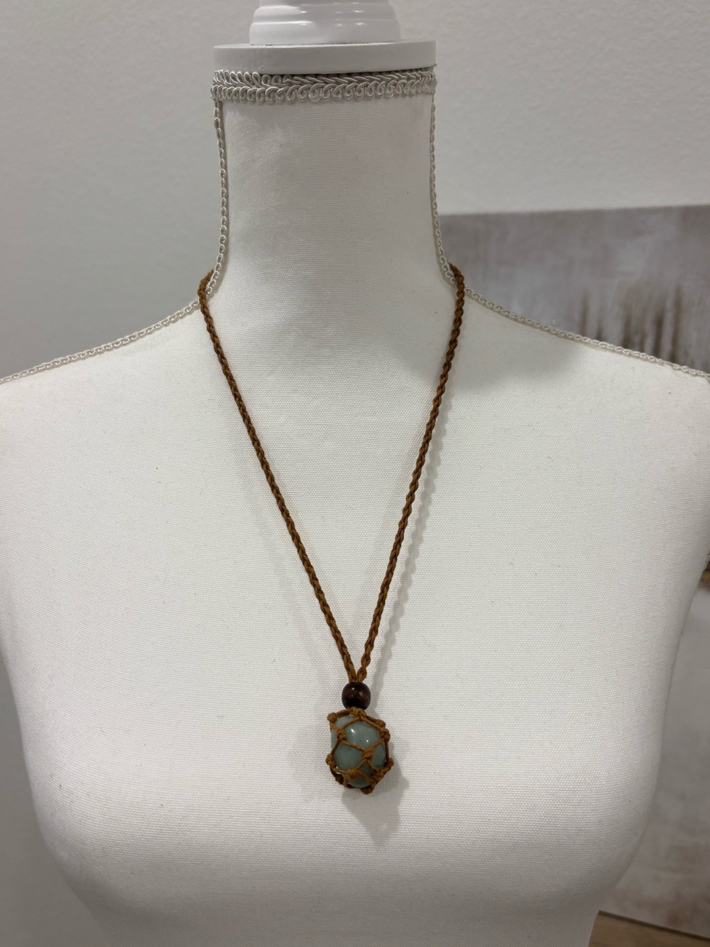 Handmade Brown Macrame Necklace with Light Green Stone Pendant